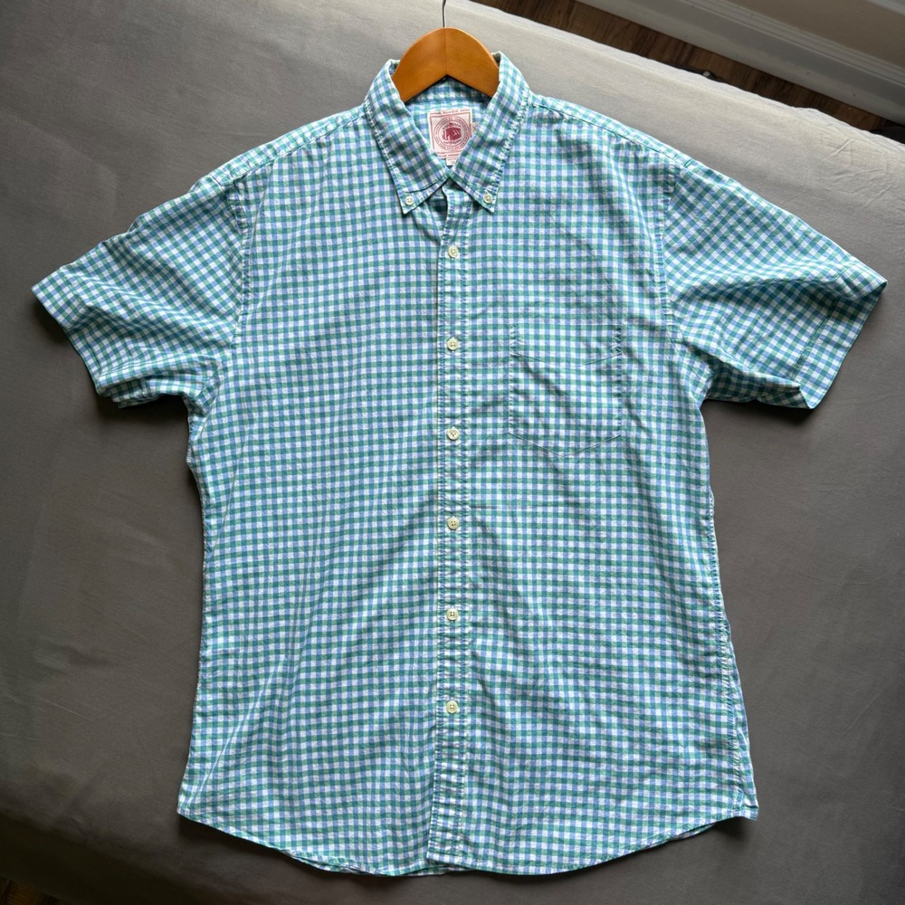 J. Press Mens XL Gingham Short Sleeve Button Down Shirt Green Blue Trunk Club